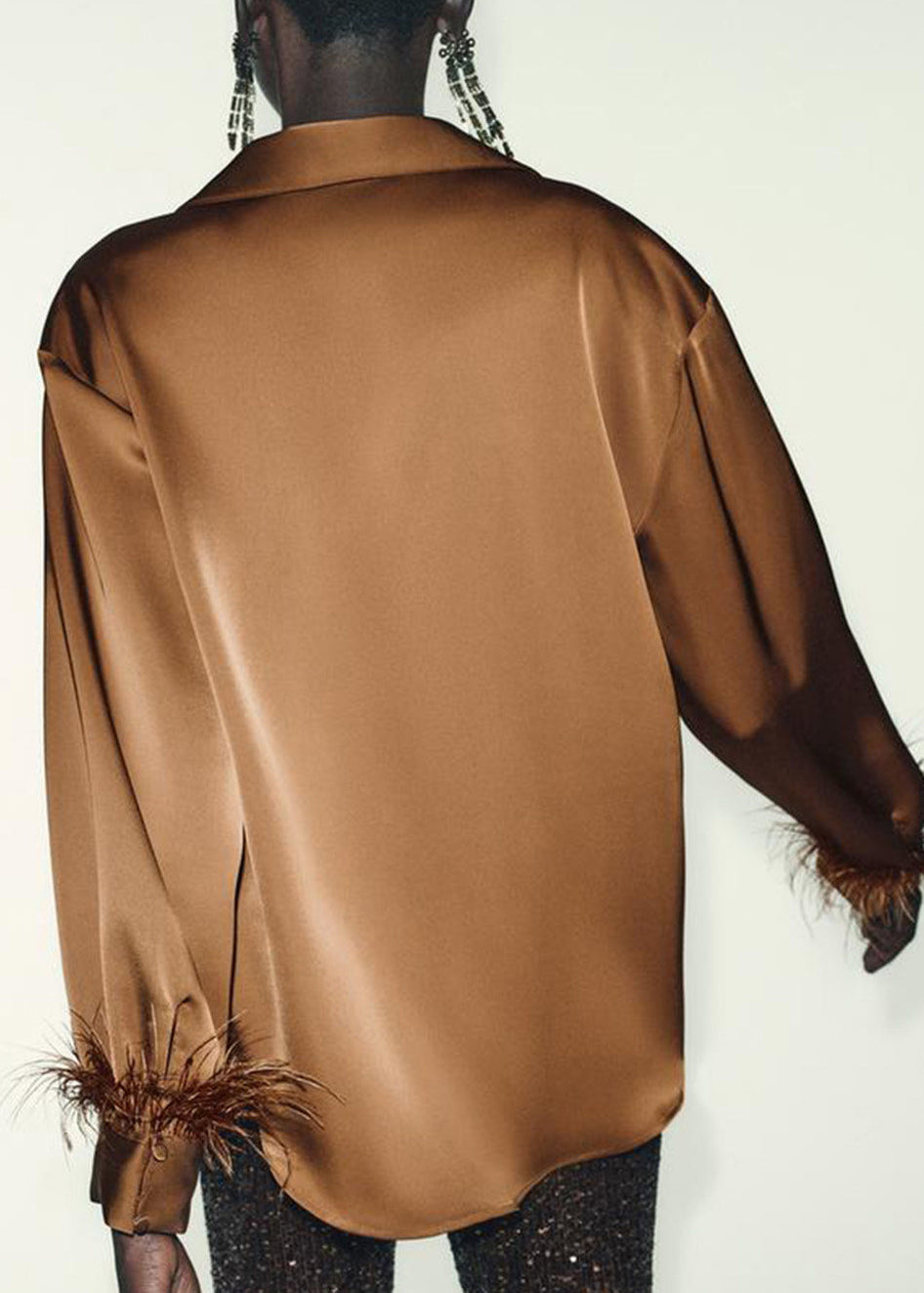 Chic Brown Peter Pan Collar Feather Patchwork Silk Top Long Sleeve
