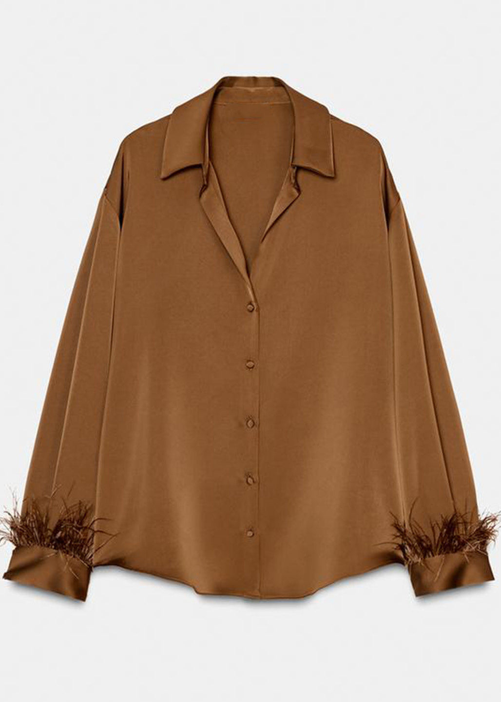 Chic Brown Peter Pan Collar Feather Patchwork Silk Top Long Sleeve