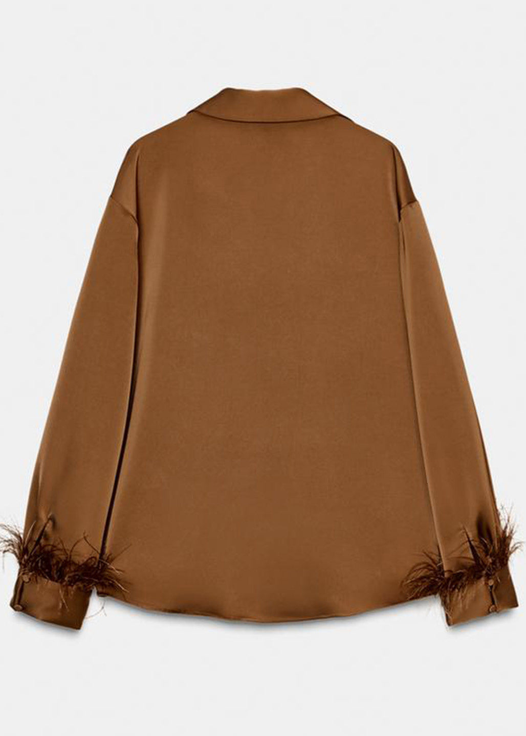 Chic Brown Peter Pan Collar Feather Patchwork Silk Top Long Sleeve