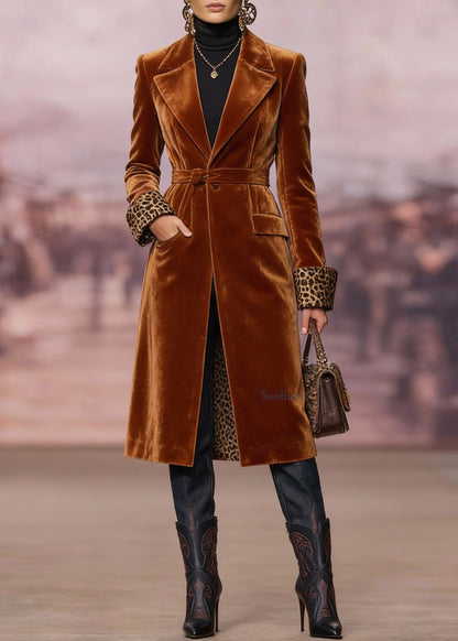 Chic Brown Peter Pan Collar Pockets Velvet Trench Spring