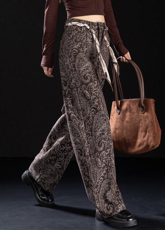 Chic Brown Pockets Print Warm Fleece Denim Pants Winter