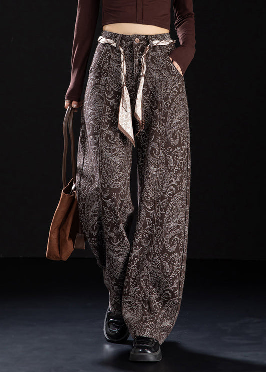 Chic Brown Pockets Print Warm Fleece Denim Pants Winter