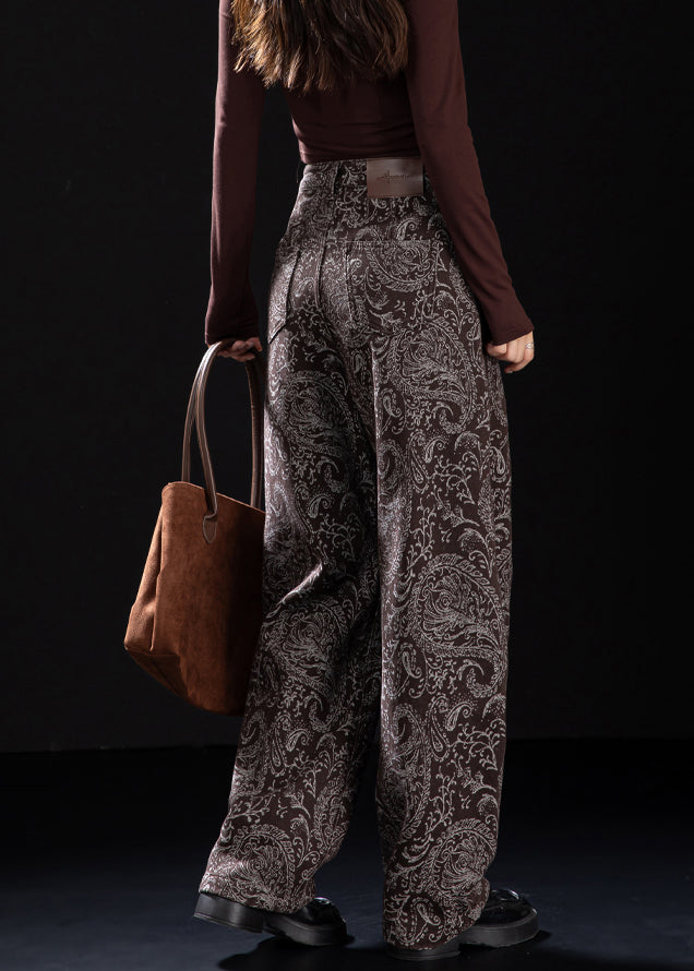 Chic Brown Pockets Print Warm Fleece Denim Pants Winter