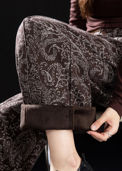 Chic Brown Pockets Print Warm Fleece Denim Pants Winter