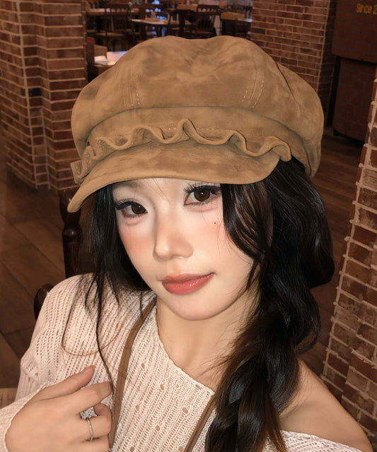 Chic Camel Ruffled Faux Suede Beret Hat