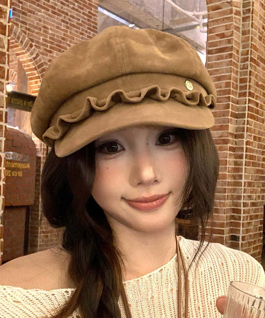 Chic Camel Ruffled Faux Suede Beret Hat