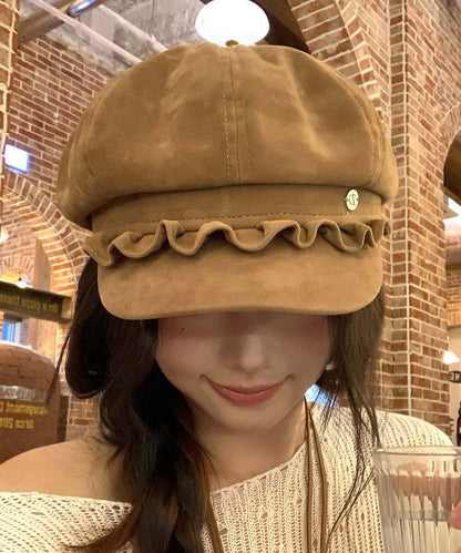 Chic Camel Ruffled Faux Suede Beret Hat