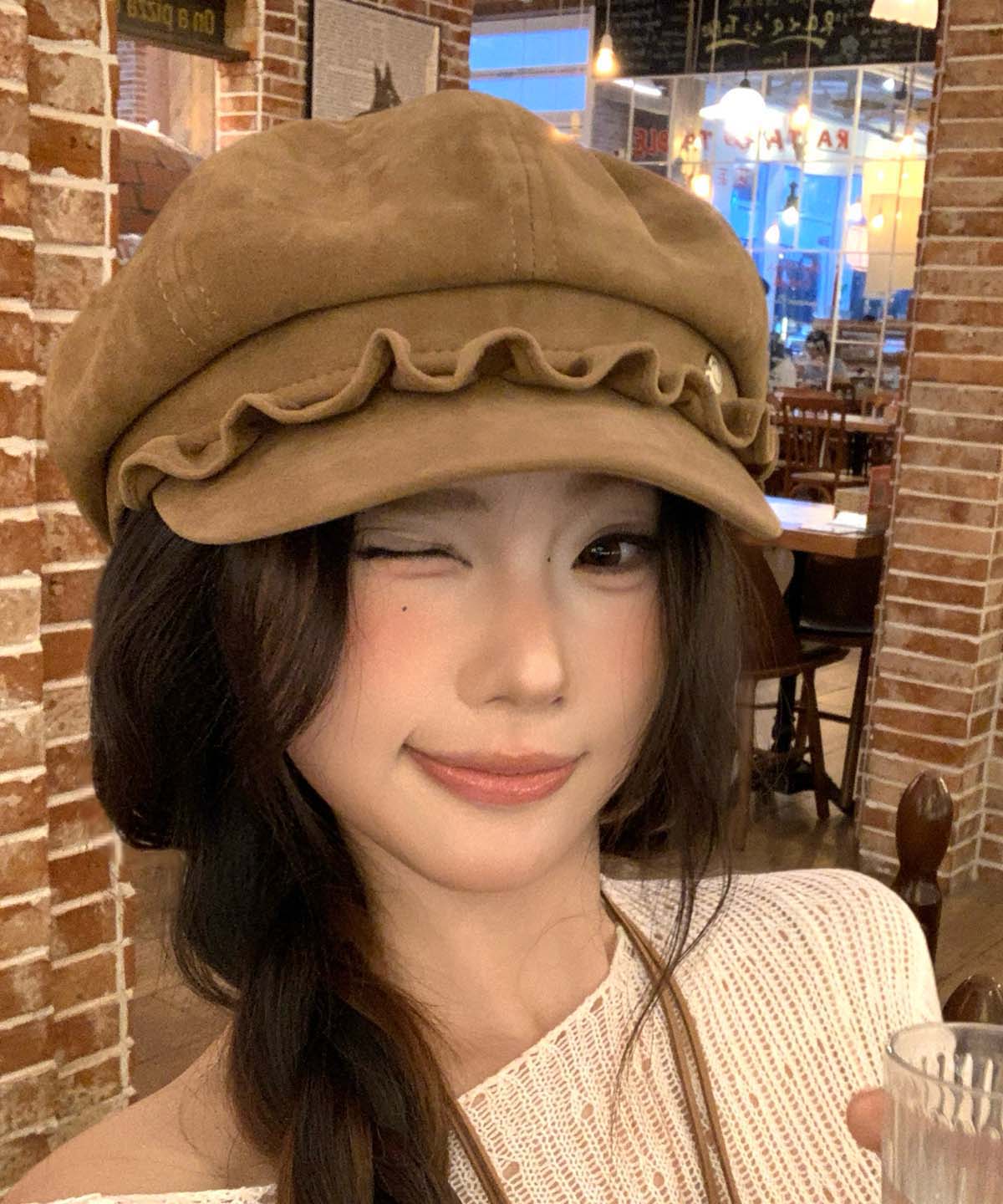 Chic Camel Ruffled Faux Suede Beret Hat