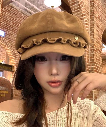Chic Camel Ruffled Faux Suede Beret Hat
