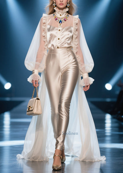 Chic Champagne Ruffled Patchwork Exra Large Hem Chiffon Shirts Summer