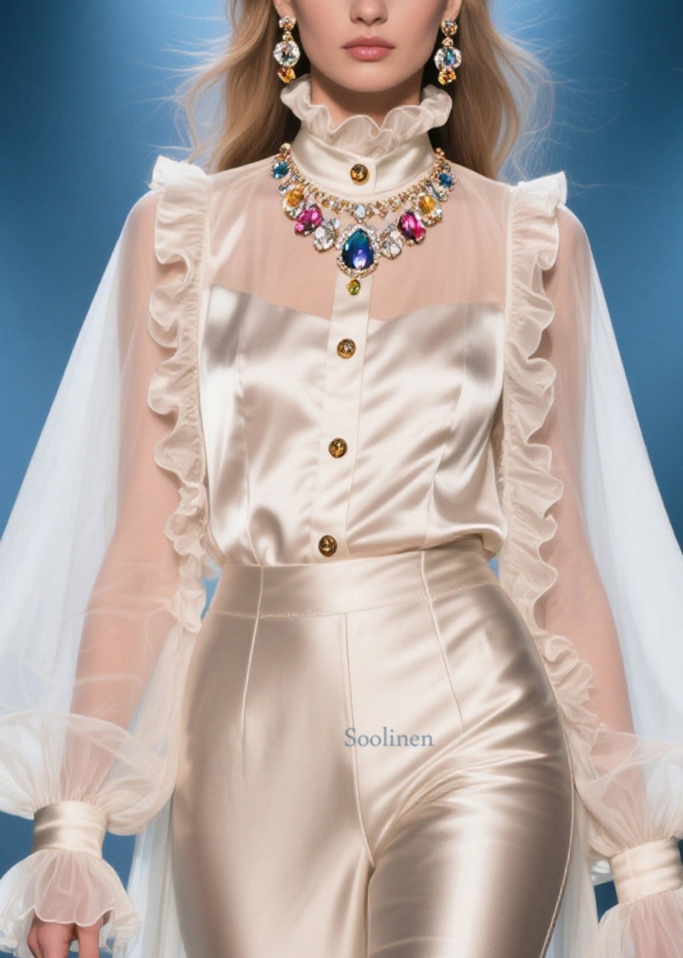 Chic Champagne Ruffled Patchwork Exra Large Hem Chiffon Shirts Summer
