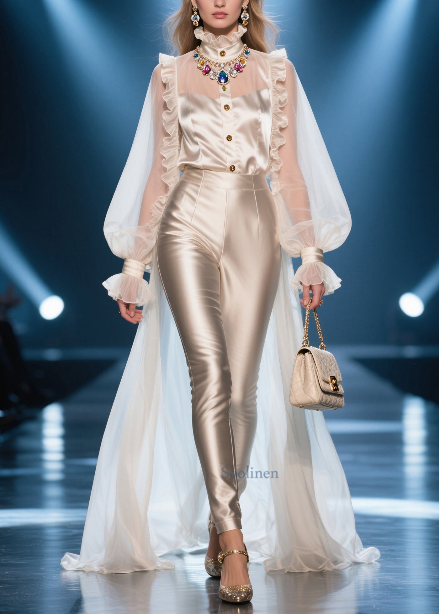 Chic Champagne Ruffled Patchwork Exra Large Hem Chiffon Shirts Summer