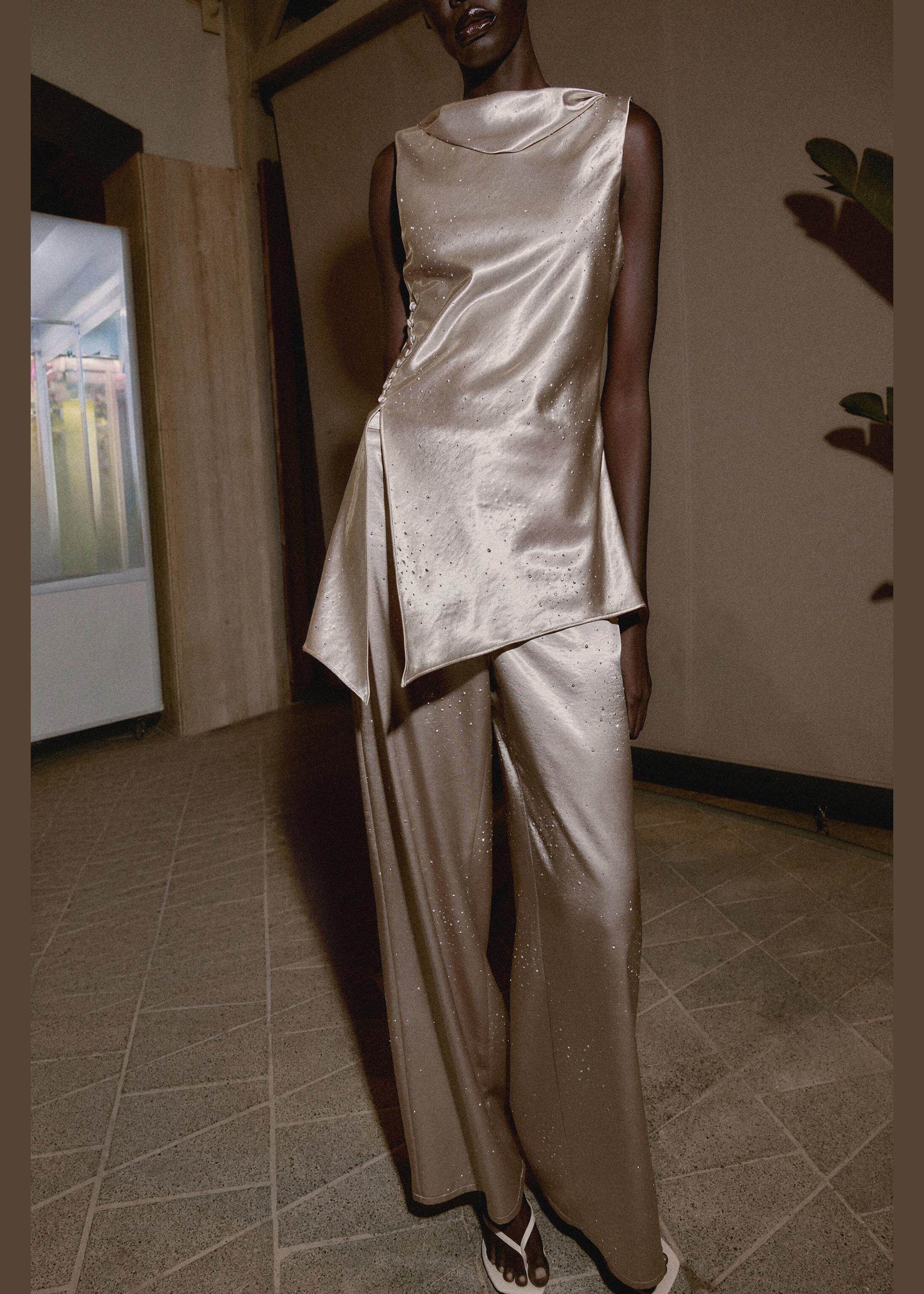 Chic Champagne Zircon Asymmetrical Patchwork Silk Top Sleeveless