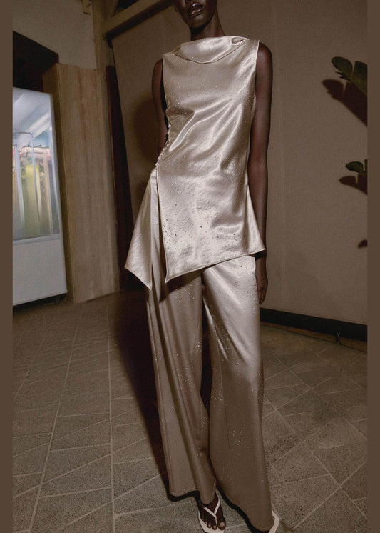 Chic Champagne Zircon Asymmetrical Patchwork Silk Top Sleeveless