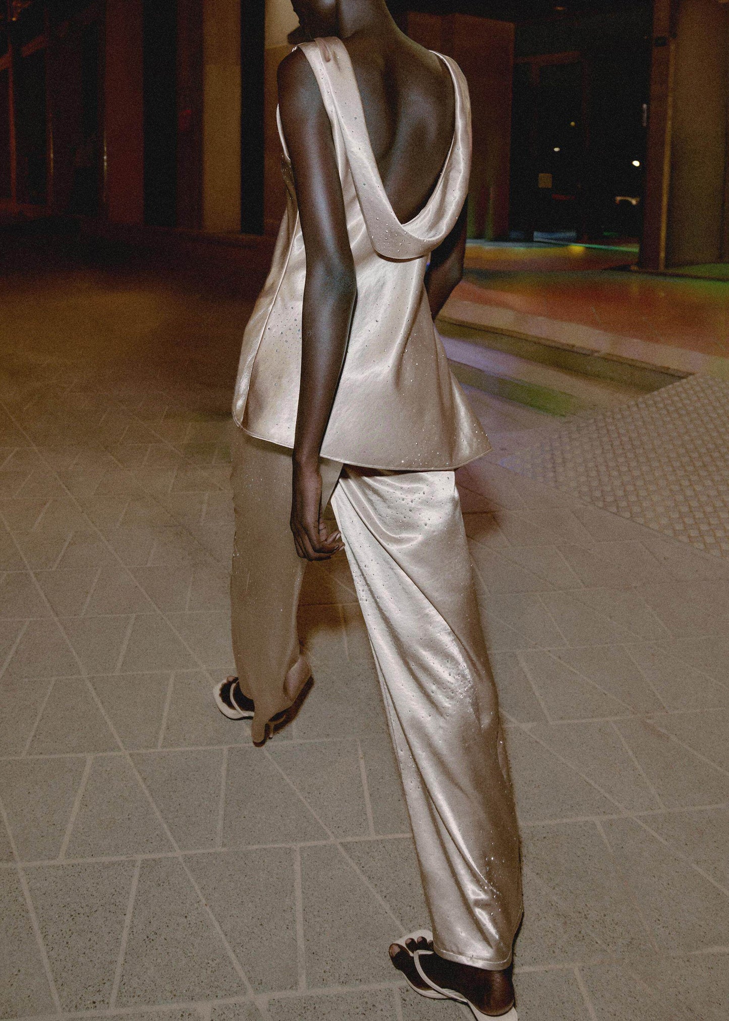 Chic Champagne Zircon Asymmetrical Patchwork Silk Top Sleeveless