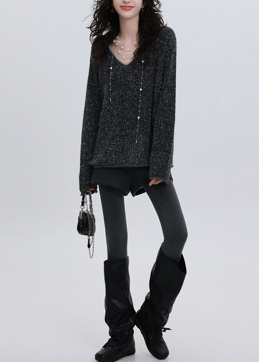 Elegante, anthrazitgraue Pailletten-Strickpullover im Oversize-Stil für den Winter