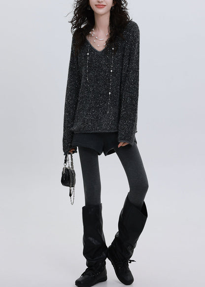 Elegante, anthrazitgraue Pailletten-Strickpullover im Oversize-Stil für den Winter