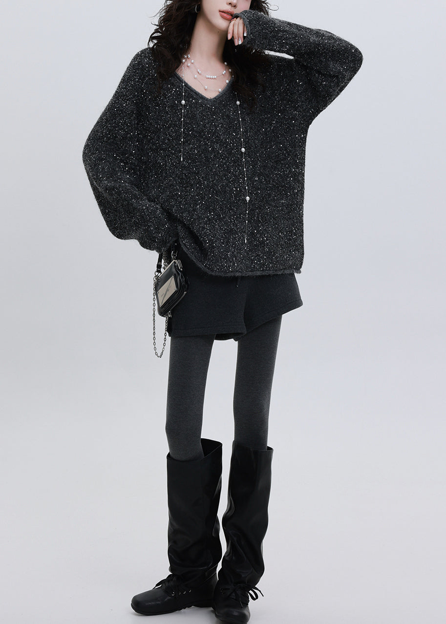 Elegante, anthrazitgraue Pailletten-Strickpullover im Oversize-Stil für den Winter