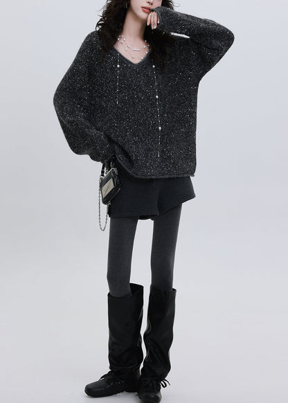 Elegante, anthrazitgraue Pailletten-Strickpullover im Oversize-Stil für den Winter