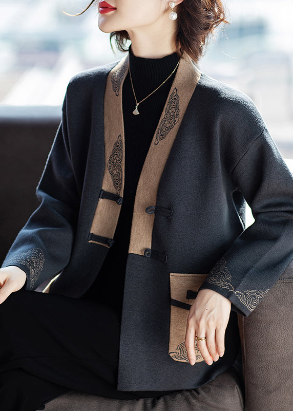 Chic Charcoal Grey V Neck Print Pockets Woolen Coat Spring