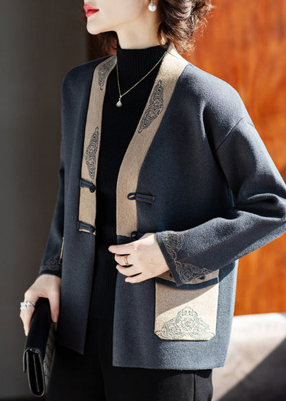 Chic Charcoal Grey V Neck Print Pockets Woolen Coat Spring