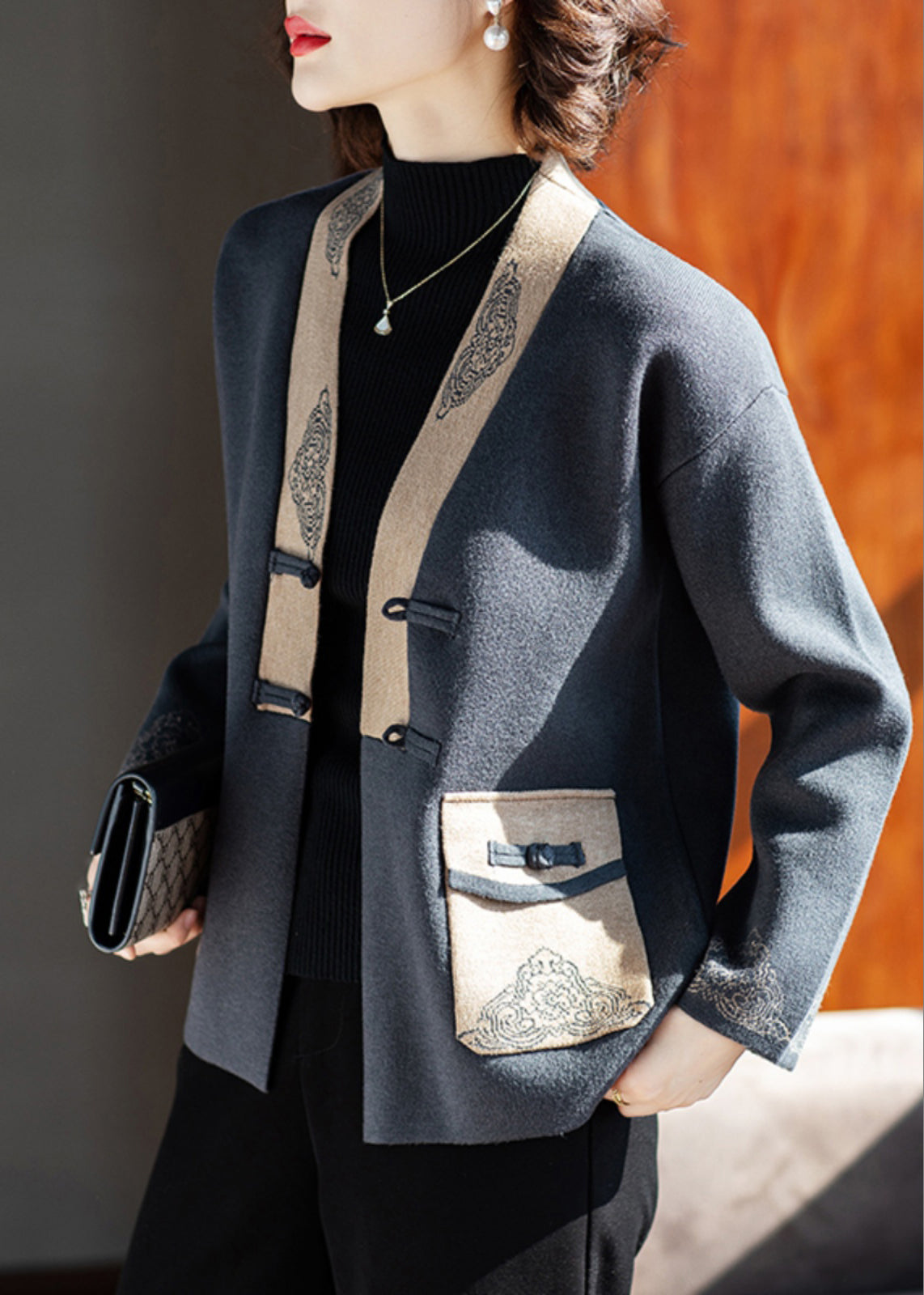 Chic Charcoal Grey V Neck Print Pockets Woolen Coat Spring