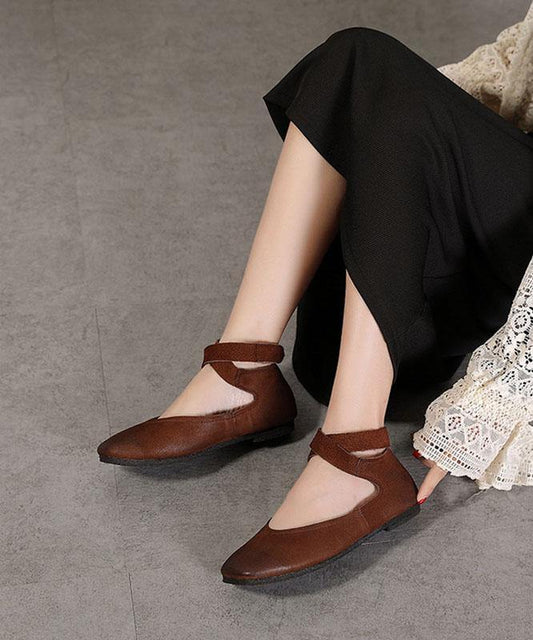 Chic Chocolate Buckle Strap Ballet Flats Shoes Cowhide Leather - SooLinen