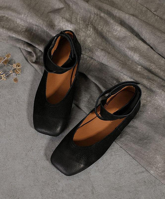 Chic Chocolate Buckle Strap Ballet Flats Shoes Cowhide Leather - SooLinen