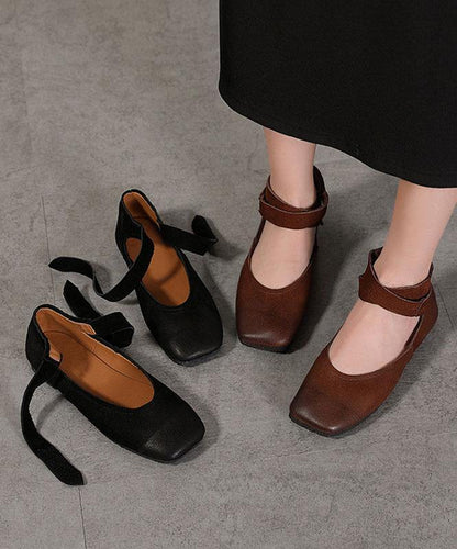 Chic Chocolate Buckle Strap Ballet Flats Shoes Cowhide Leather - SooLinen