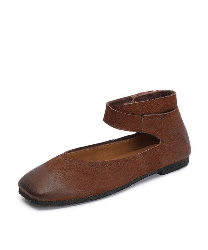 Chic Chocolate Buckle Strap Ballet Flats Shoes Cowhide Leather - SooLinen