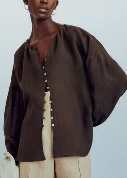 Camisas elegantes de color chocolate con cuello en V y diseño patchwork, de manga farol.