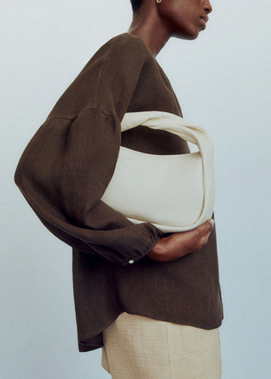 Camisas elegantes de color chocolate con cuello en V y diseño patchwork, de manga farol.