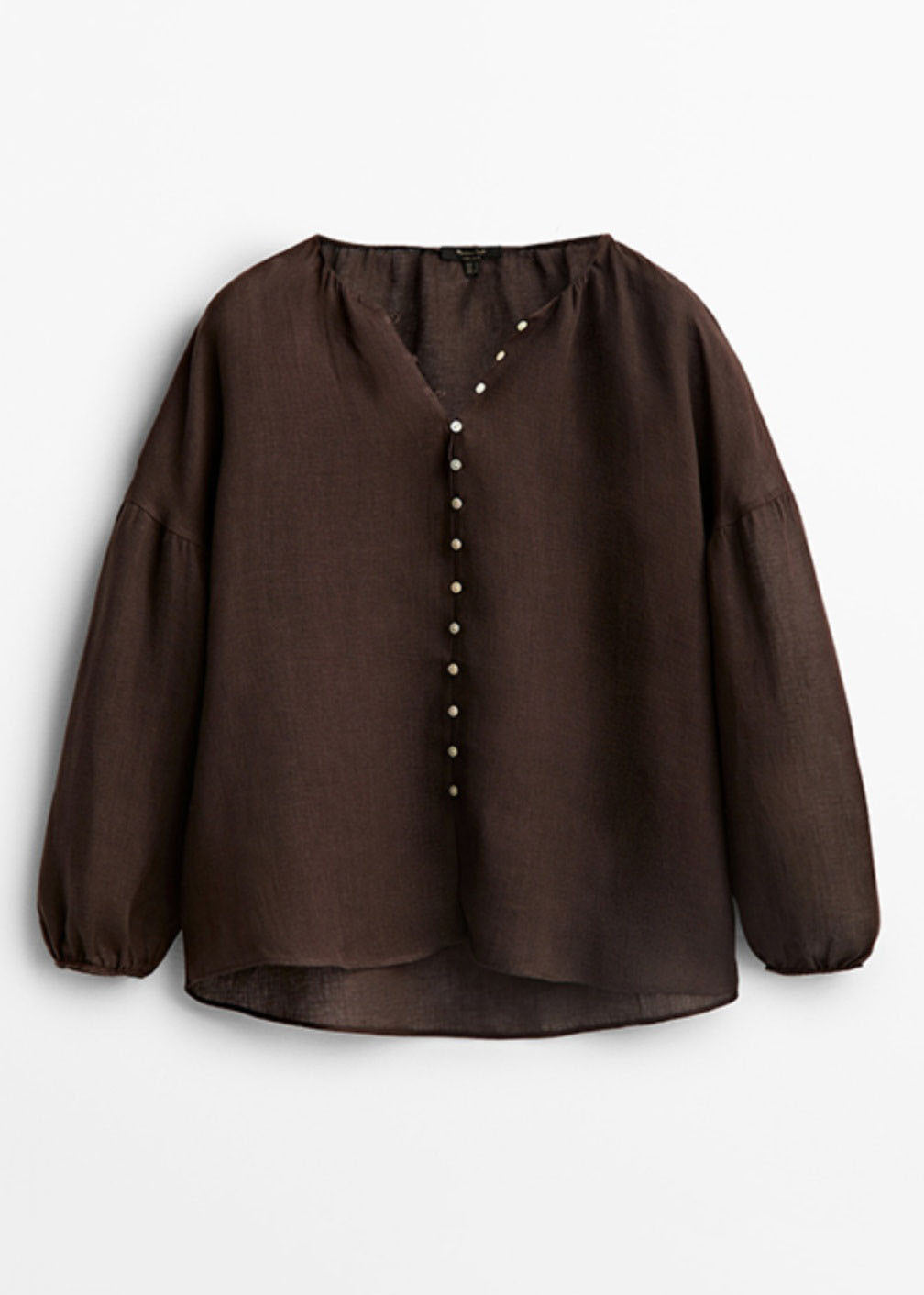 Camisas elegantes de color chocolate con cuello en V y diseño patchwork, de manga farol.