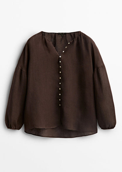 Camisas elegantes de color chocolate con cuello en V y diseño patchwork, de manga farol.