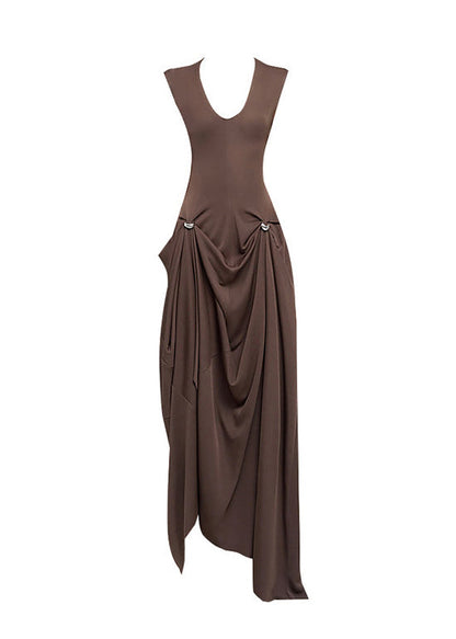 Chic Coffee Asymmetrical Design Wrinkled Cotton Dresses Summer