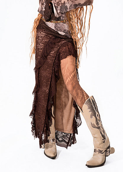 Chic Coffee Asymmetrical Patchwork Side Open Maxi Skirts