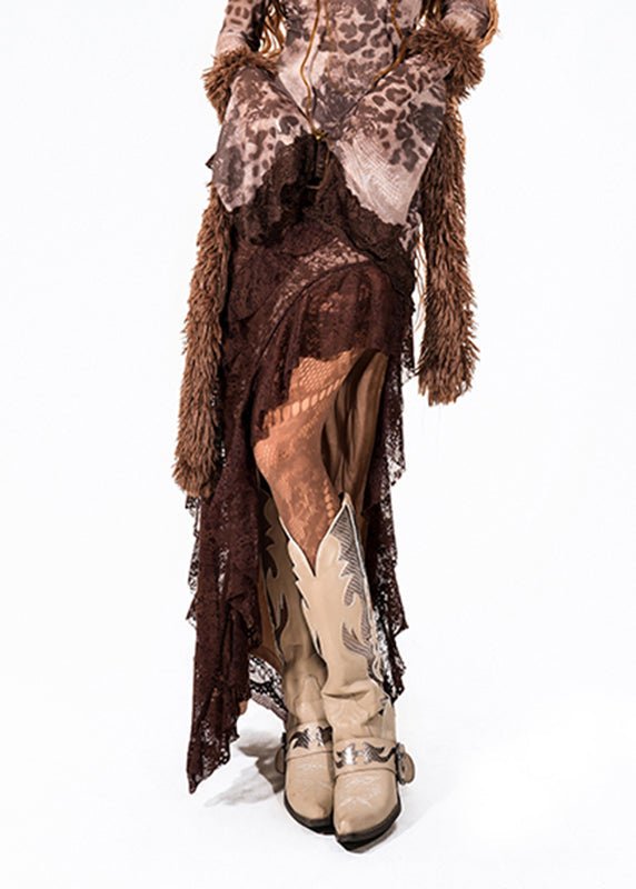 Chic Coffee Asymmetrical Patchwork Side Open Maxi Skirts