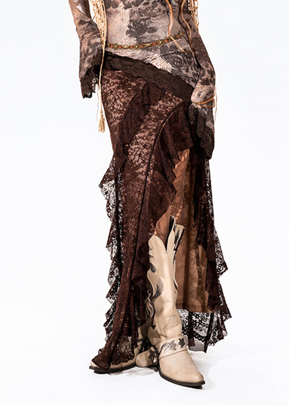 Chic Coffee Asymmetrical Patchwork Side Open Maxi Skirts