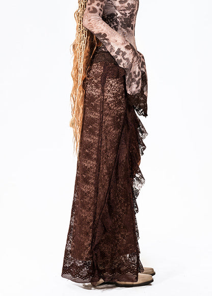 Chic Coffee Asymmetrical Patchwork Side Open Maxi Skirts