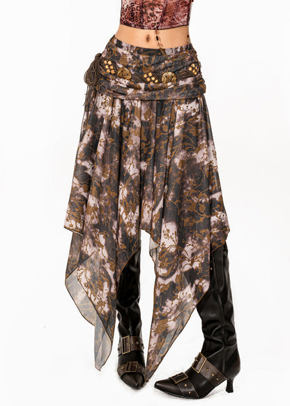 Chic Coffee Asymmetrical Print A Line Skirt