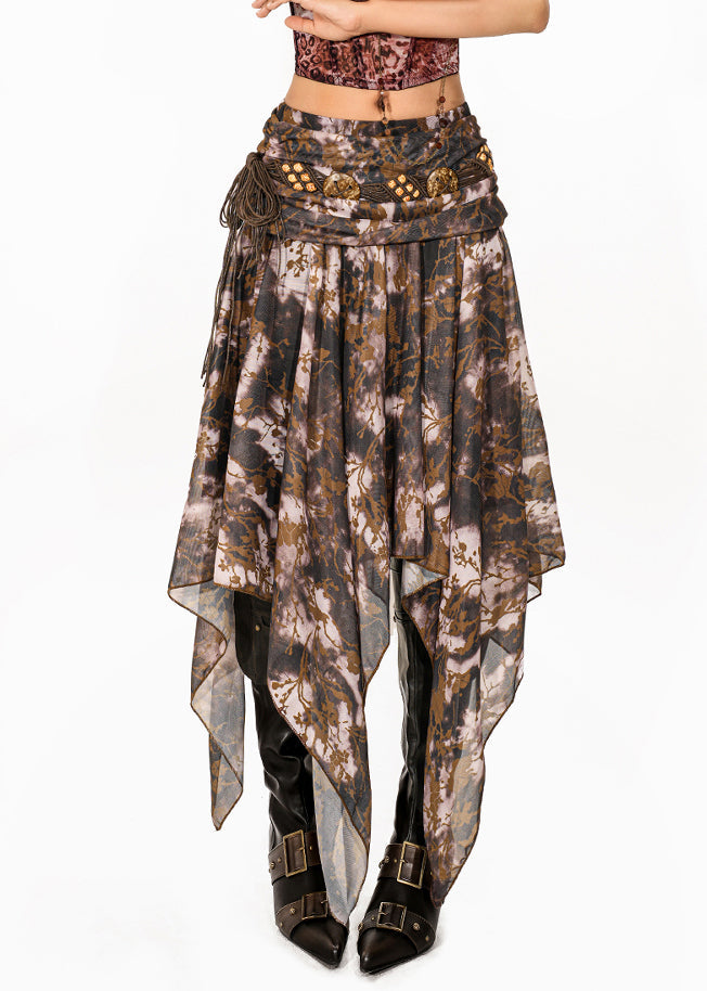 Chic Coffee Asymmetrical Print A Line Skirt