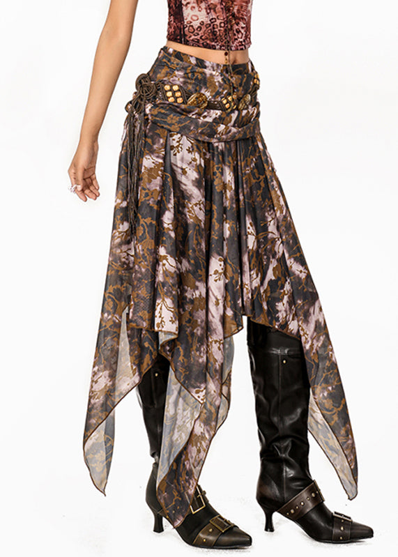 Chic Coffee Asymmetrical Print A Line Skirt