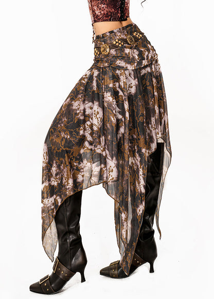 Chic Coffee Asymmetrical Print A Line Skirt