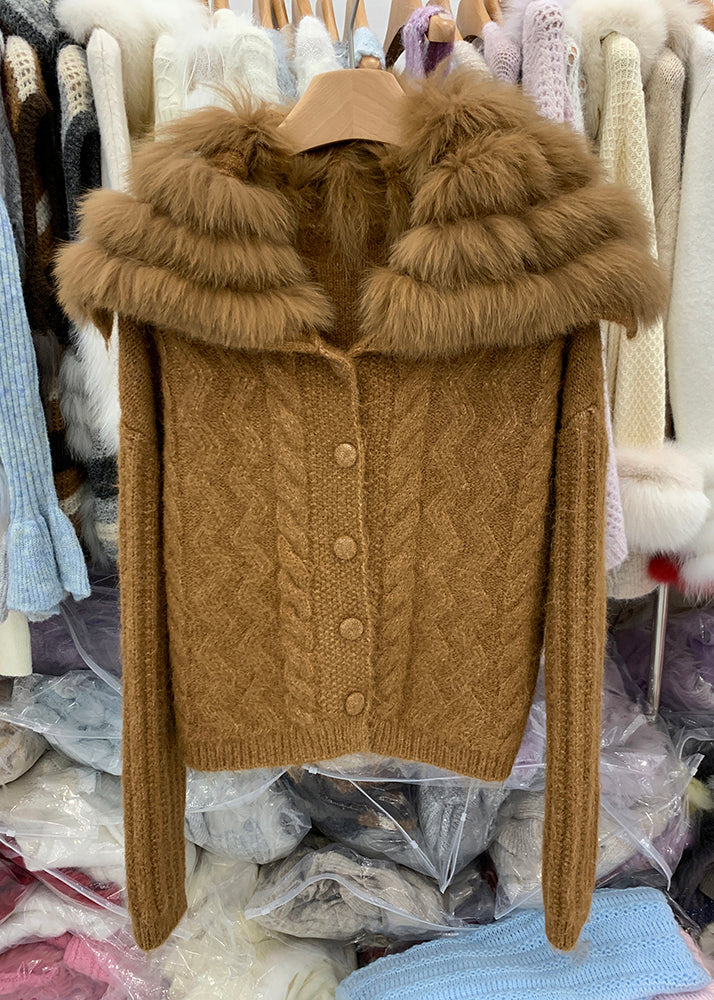 Cárdigan de punto de algodón con cuello de zorro y cremallera de patchwork de color café elegante para invierno
