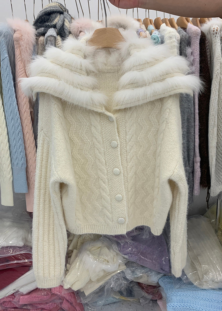 Cárdigan de punto de algodón con cuello de zorro y cremallera de patchwork de color café elegante para invierno