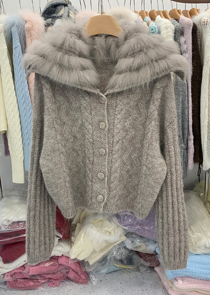 Cárdigan de punto de algodón con cuello de zorro y cremallera de patchwork de color café elegante para invierno