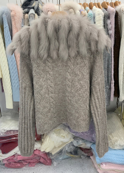 Cárdigan de punto de algodón con cuello de zorro y cremallera de patchwork de color café elegante para invierno