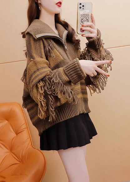Chic Kaffee High Neck Zipper Patchwork Quaste Strick Pullover Winter