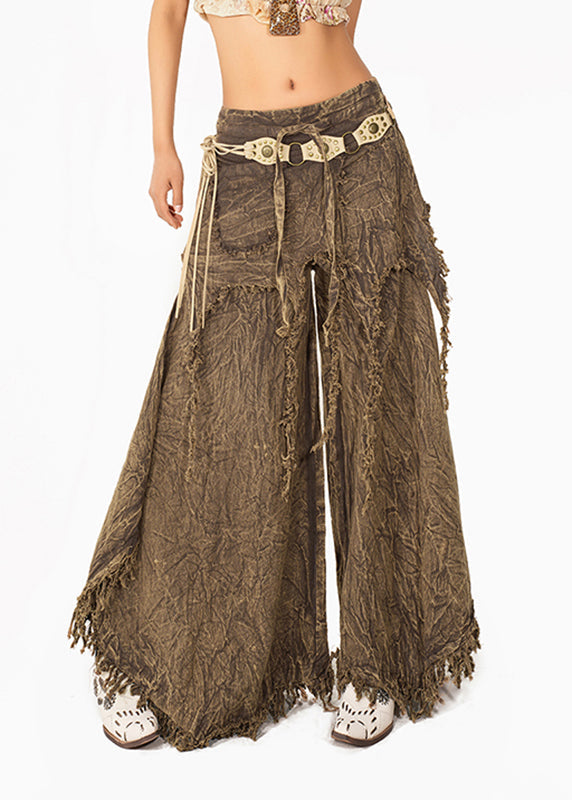 Chic Coffee High Waist Tassel Wide Leg Pants Summer