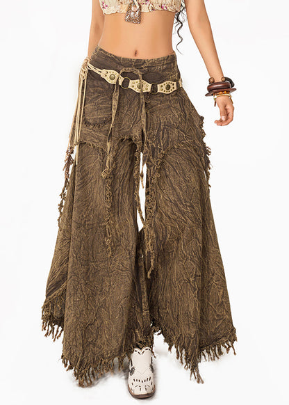 Chic Coffee High Waist Tassel Wide Leg Pants Summer